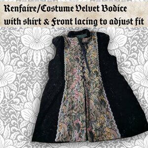 Vintage Renfaire Black Velvet & Tapestry Bodice with Attached Skirt, XL